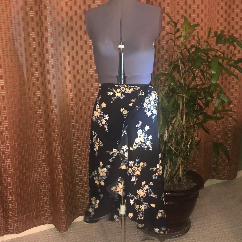 Wrap-front floral black skirt